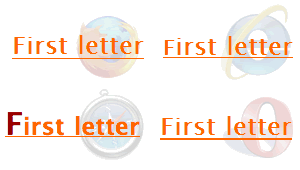 Screenshots of a heading containing an inline element with a larger first-letter when hovered over in Firefox, IE, Safari and Opera