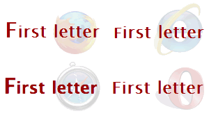 Screenshots of a heading containing an inline element with a larger first-letter in Firefox, IE, Safari and Opera