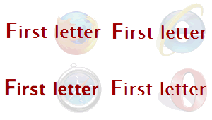 Screenshots of a heading with a larger first-letter in Firefox, IE, Safari and Opera